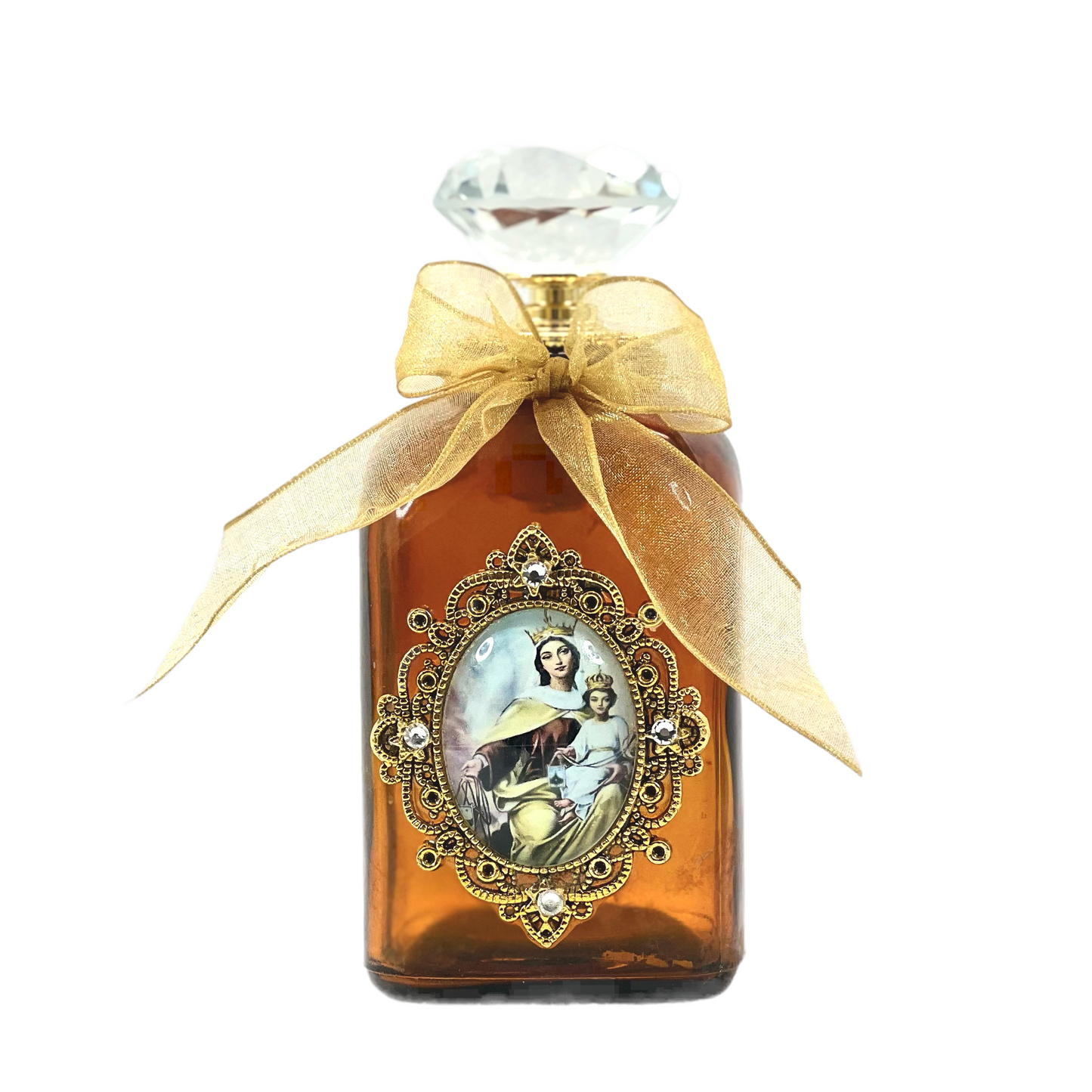 Our Lady of Mt. Carmel Holy Water Bottle, Gold Framed, Amber