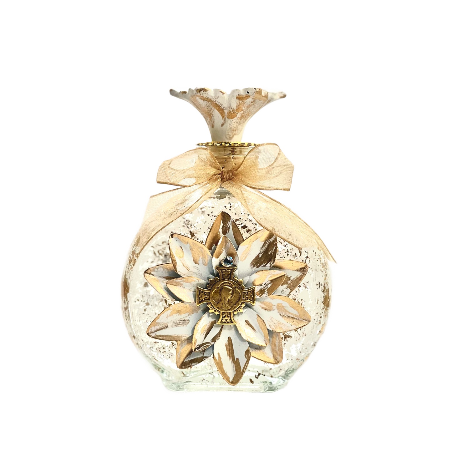 Our Lady Holy Water Bottle, Gold & White Flower, Large Round