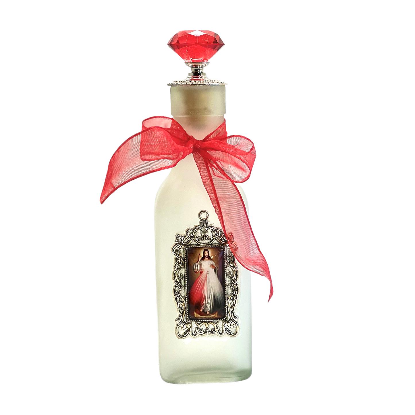 Divine Mercy Holy Water Bottle, Silver Large Frosted