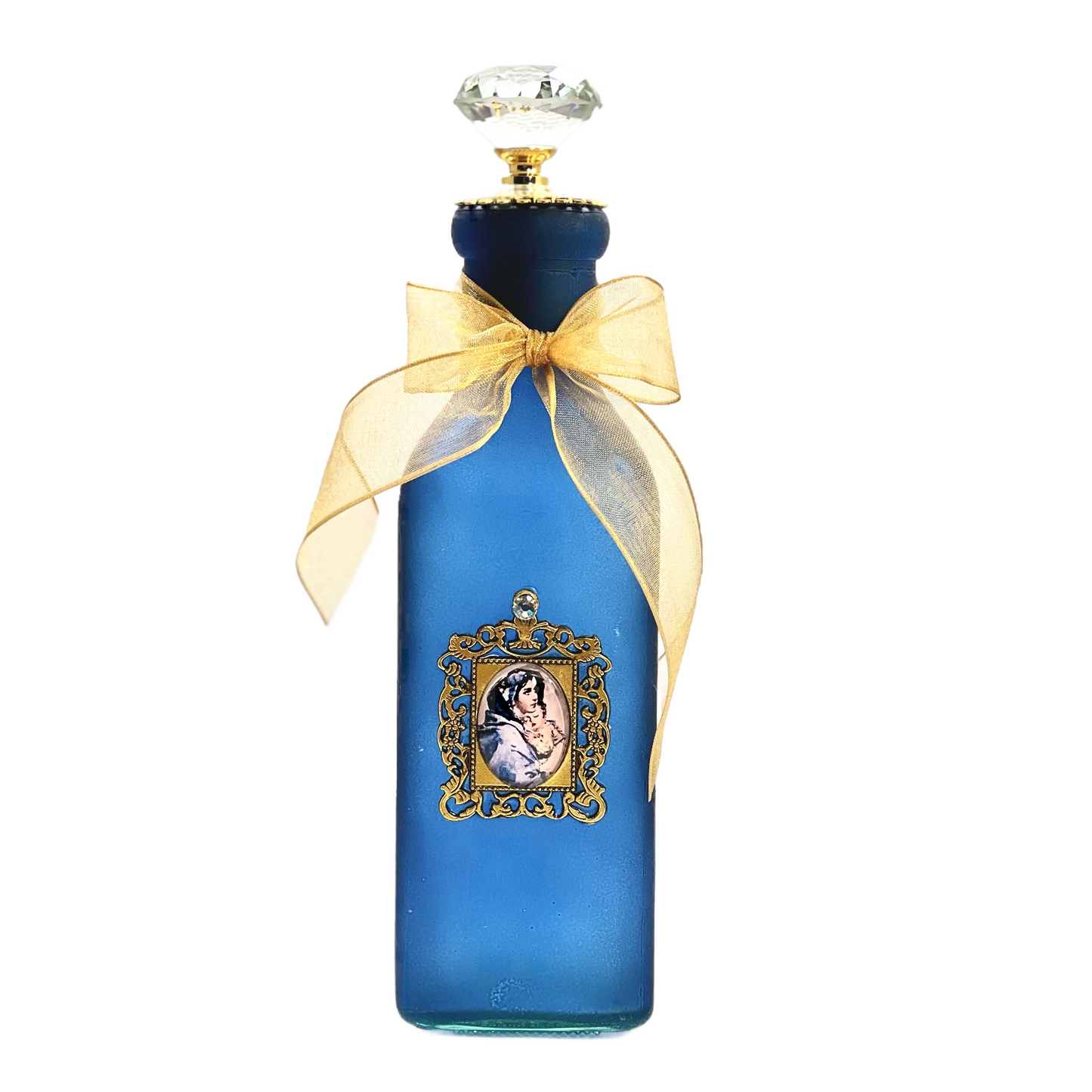 Madonna of the Streets Holy Water Bottle, Gold Framed, Large Blue