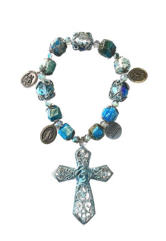 Blue Patina Cross Door Blessing, Blue Gemstones & Crystals