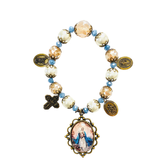 Coronation of Our Lady Door Blessing, Beige Pearl/Blue Crystal