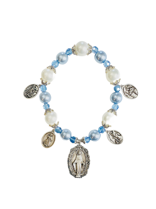 Miraculous Medal Door Blessing, Silver Flower Design, White & Blue Pearls