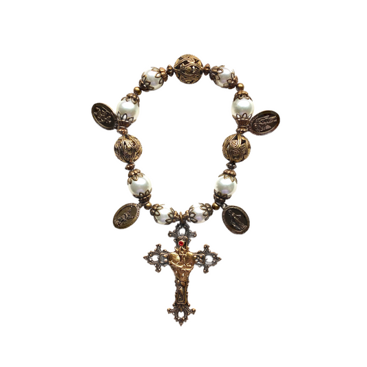 Cross with Sacred Heart Door Blessing, White Shell & Bronze