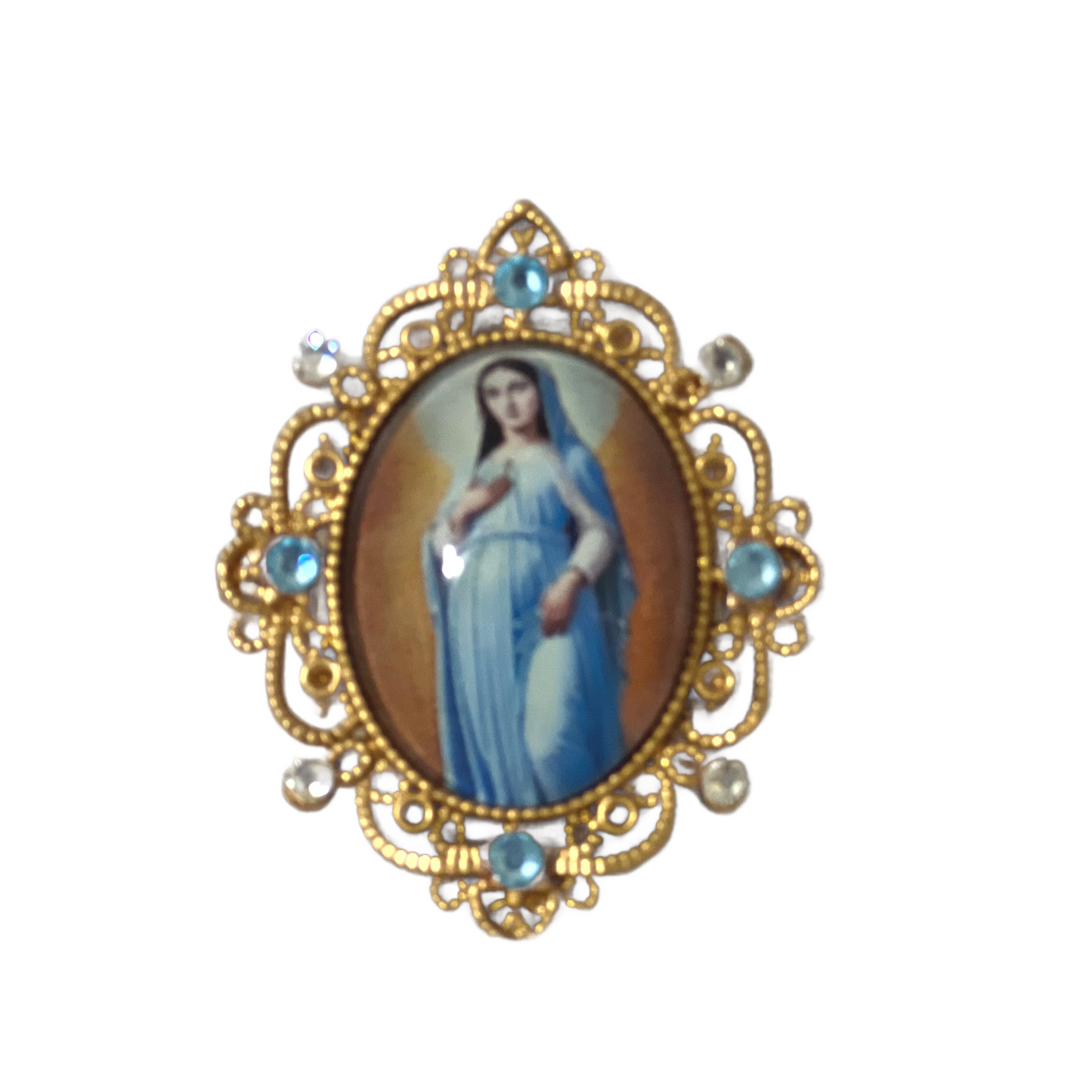 Expectant Blessed Virgin Mary Magnet, Gold Filigree Blue Crystal Framed
