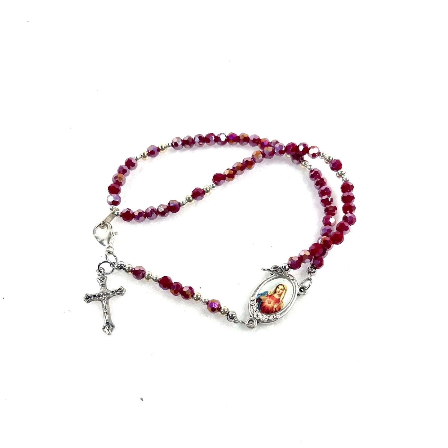 Immaculate Heart of Mary Rosary Bracelet, Red & Silver