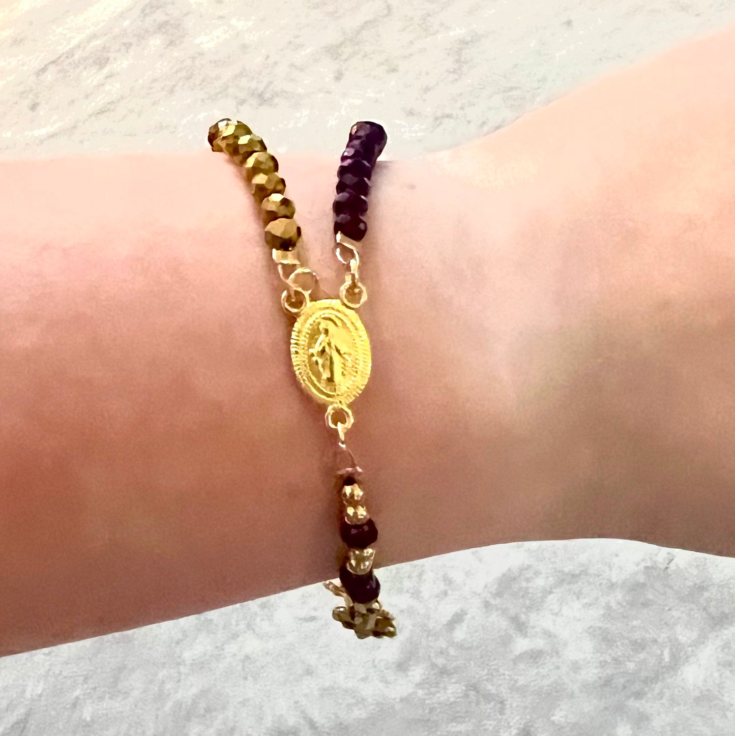 Miraculous Medal Rosary Bracelet, Purple & Gold
