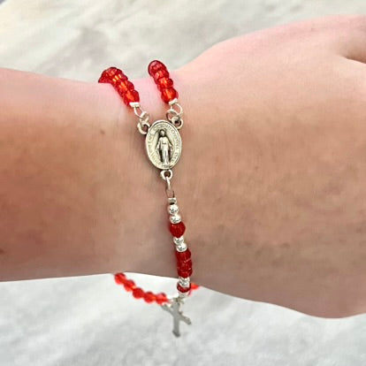 Immaculate Heart of Mary Rosary Bracelet, Red & Silver