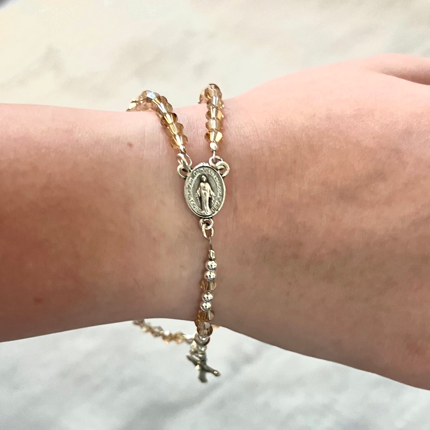 Miraculous Medal Rosary Bracelet, Silver with Gold Crystals