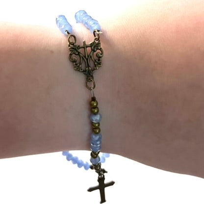 Marian Auspice Rosary Bracelet, Light Blue & Bronze