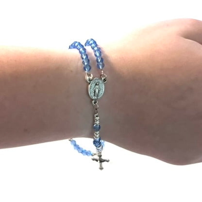 Miraculous Medal Rosary Bracelet, Light Blue Crystal & Silver