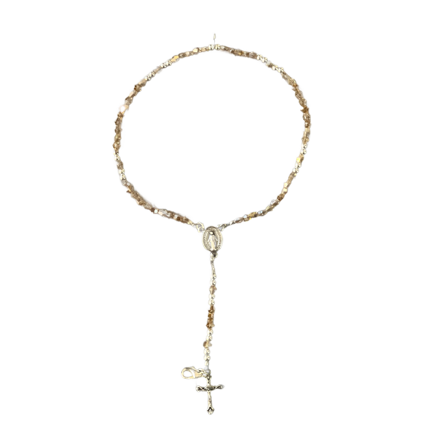Miraculous Medal Rosary Bracelet, Silver with Gold Crystals