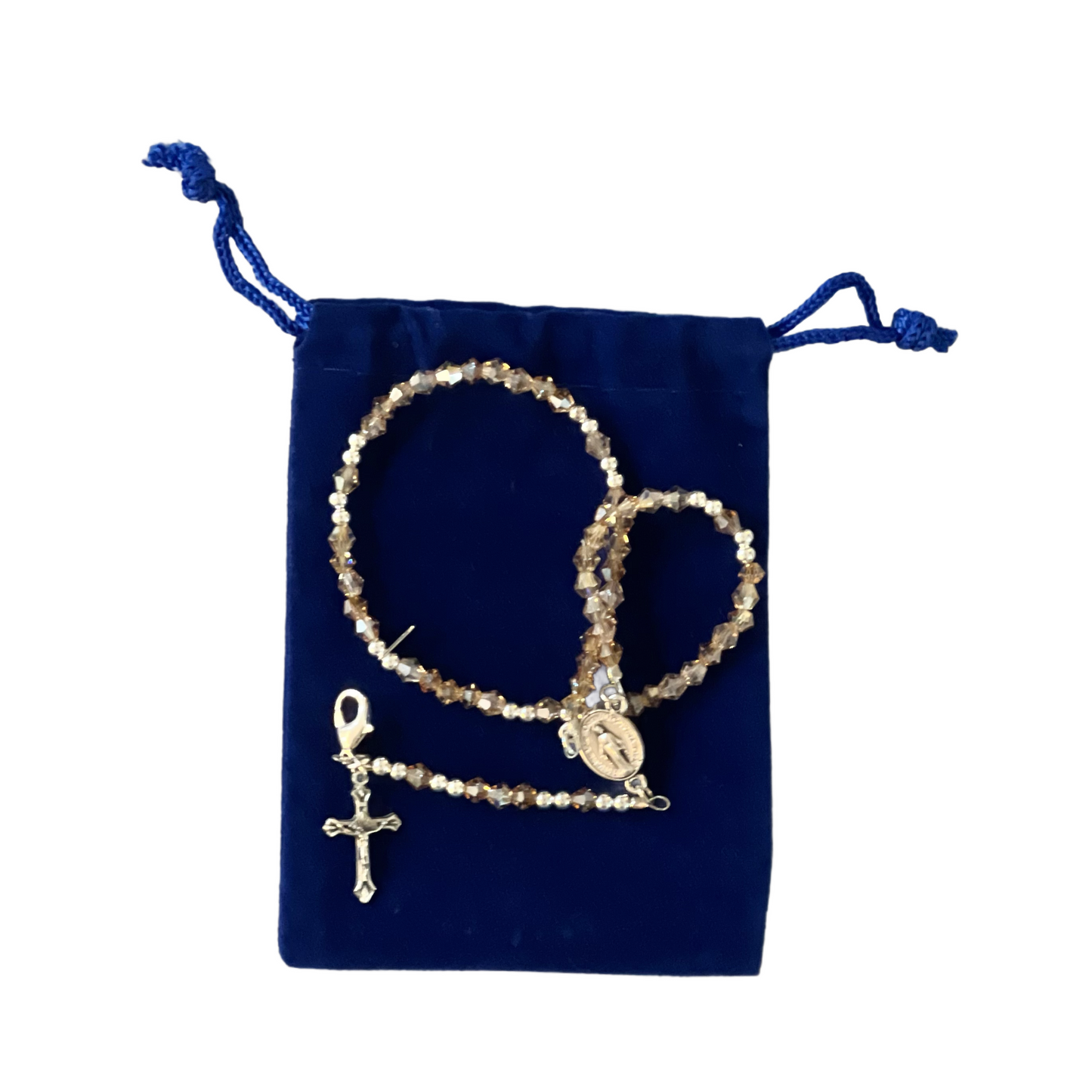 Miraculous Medal Rosary Bracelet, Silver with Gold Crystals