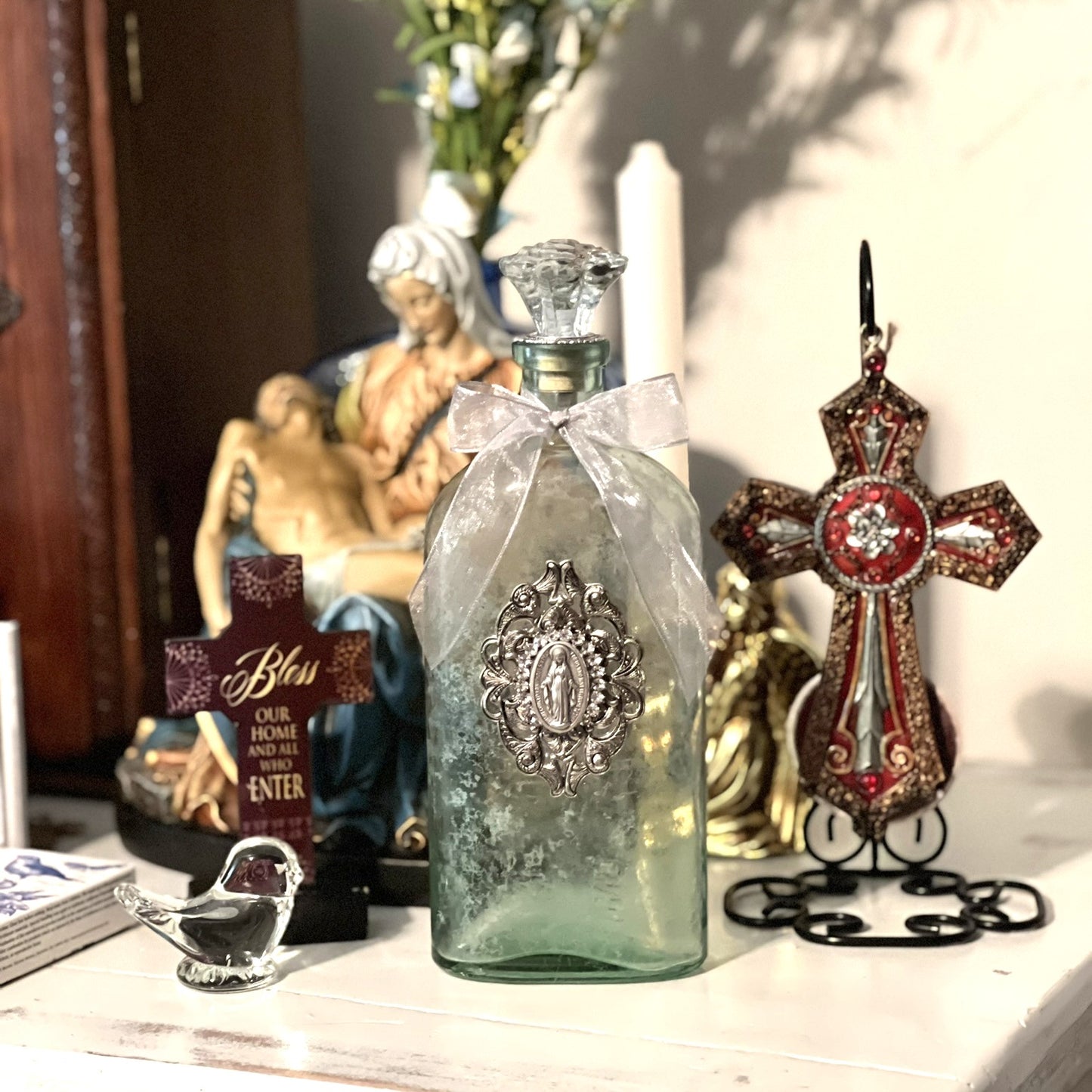 Miraculous Medal Holy Water Bottle, Apothecary, Silver & Crystal