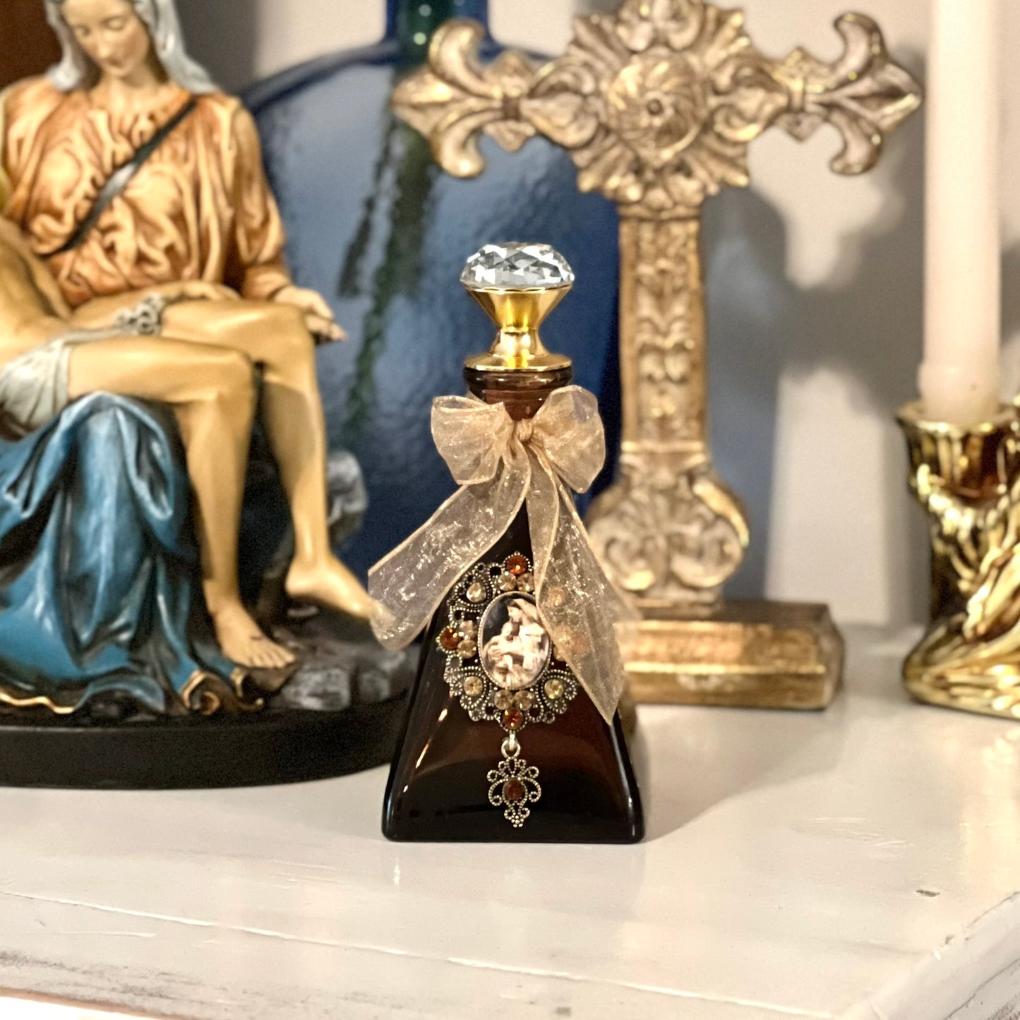 L'innosence Holy Water Bottle, Amber Triangle, Gold & Crystal
