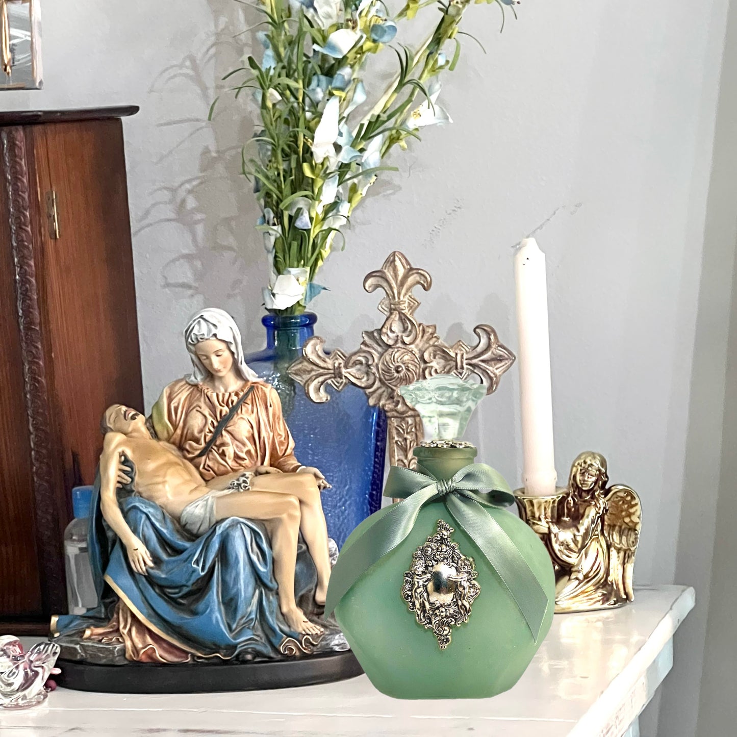 Cherubs Holy Water Bottle, Silver, Olive Green, Large