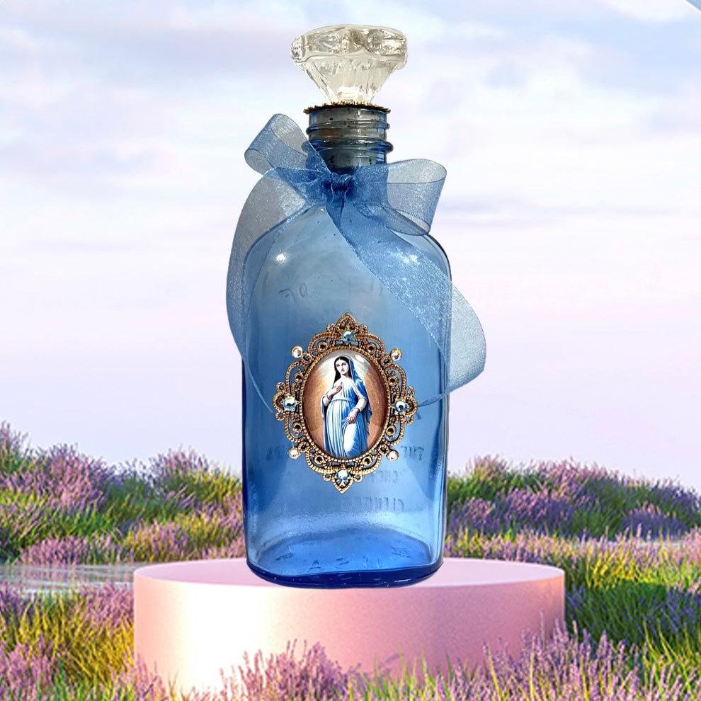 Expectant Mary Mother of God Holy Water Bottle, Antique Cobalt Blue, Extra Large