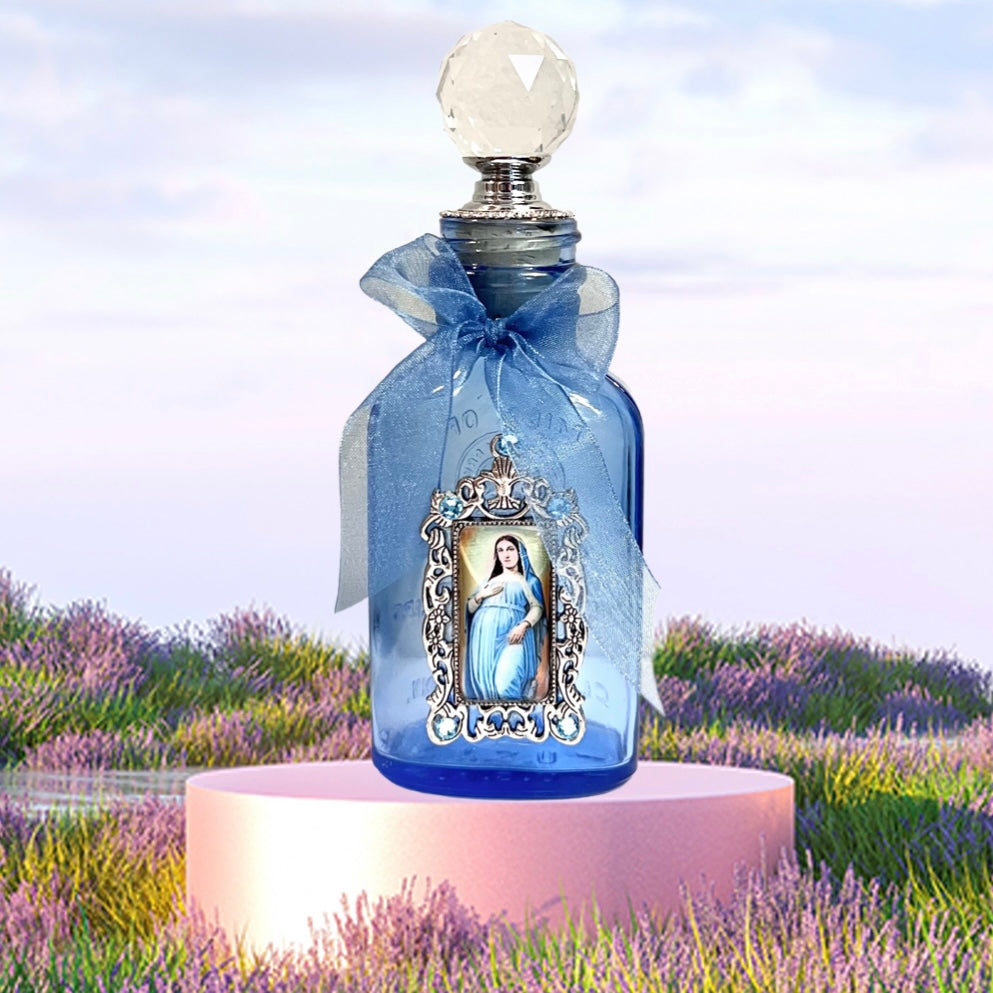 Expectant Mary Mother of God Holy Water Bottle, Antique Cobalt Blue, Medium