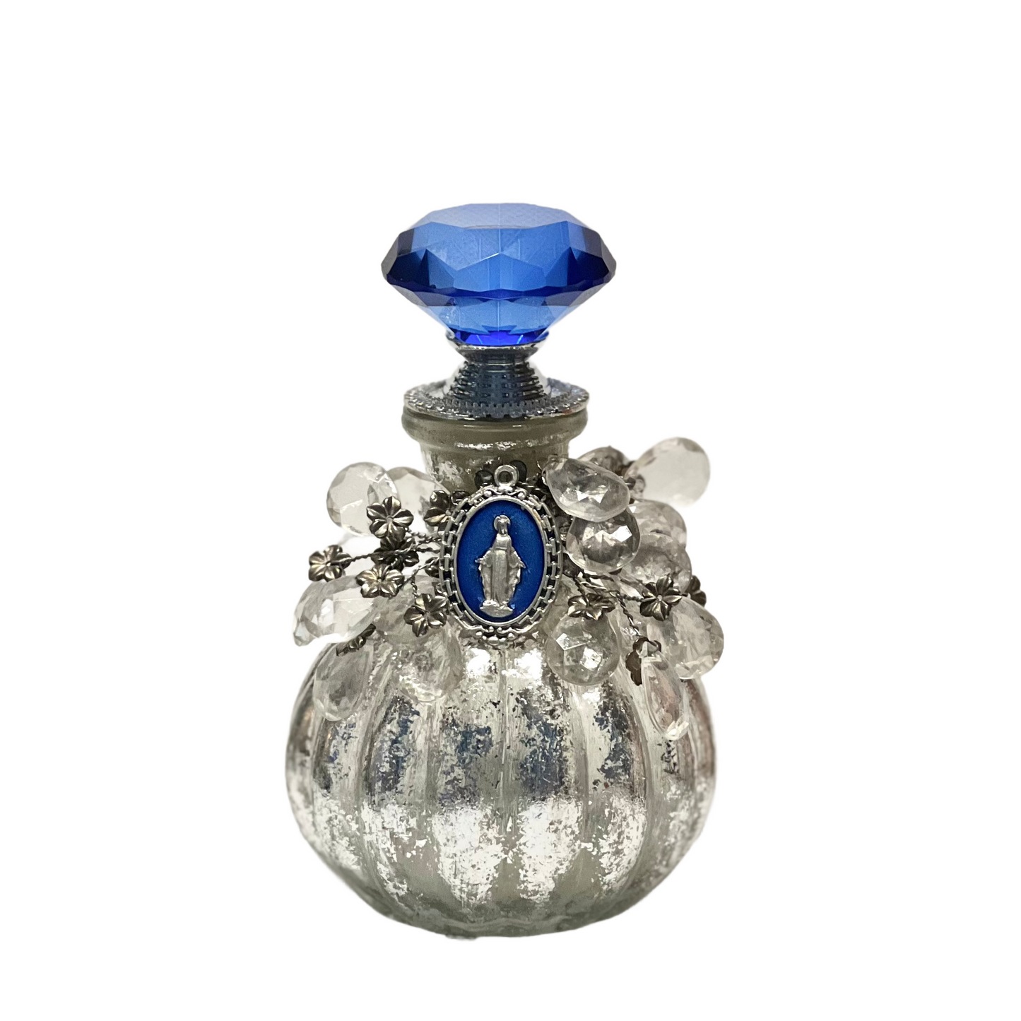 Miraculous Medal Holy Water Bottle, Silver & Blue, Mirror Finish