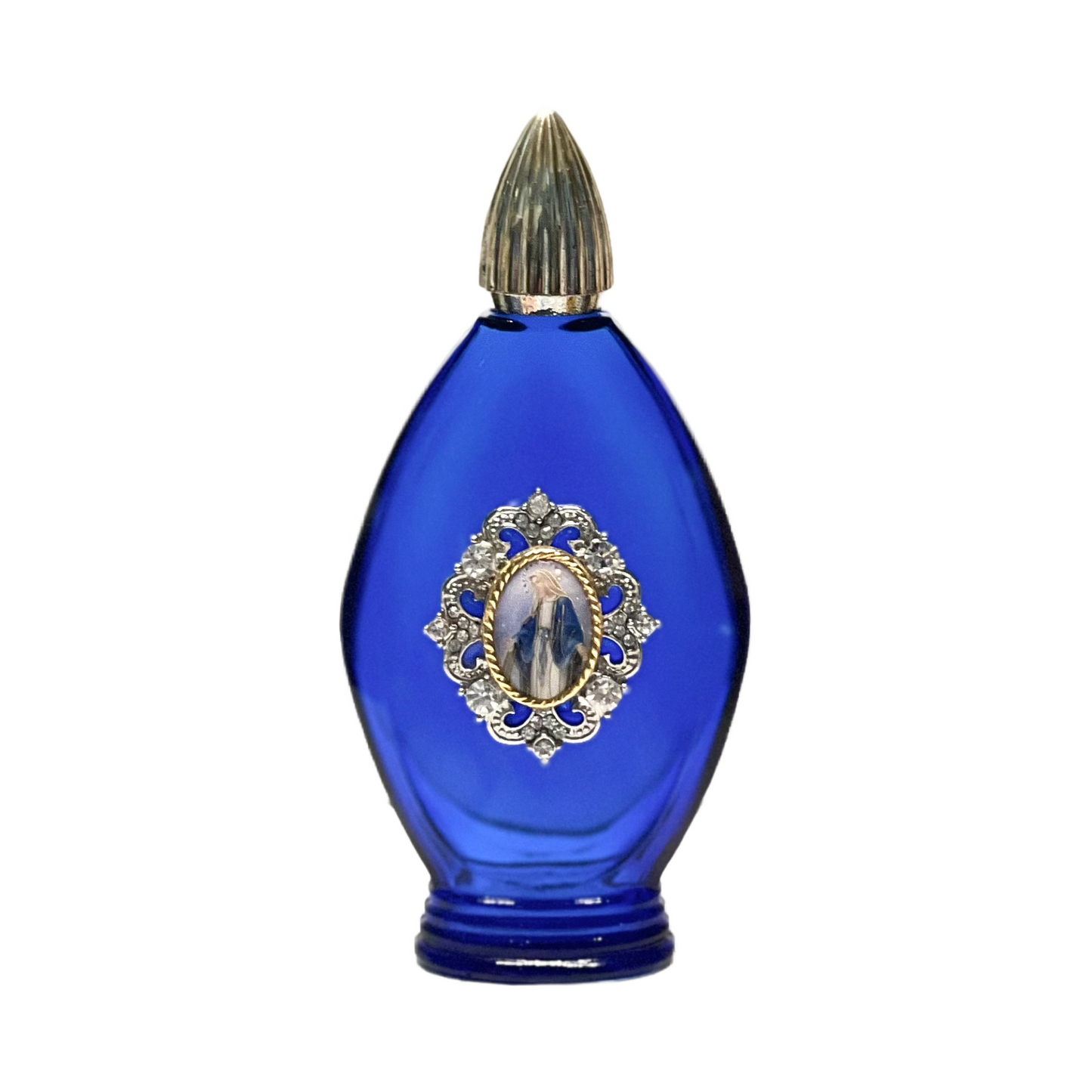 Our Lady of Grace Holy Water Bottle, Cobalt Blue, Gold, Silver, & Crystal