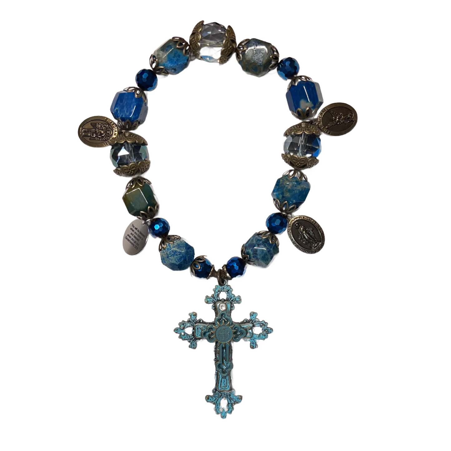 Blue Patina Cross Door Blessing, Blue Gemstones & Crystals