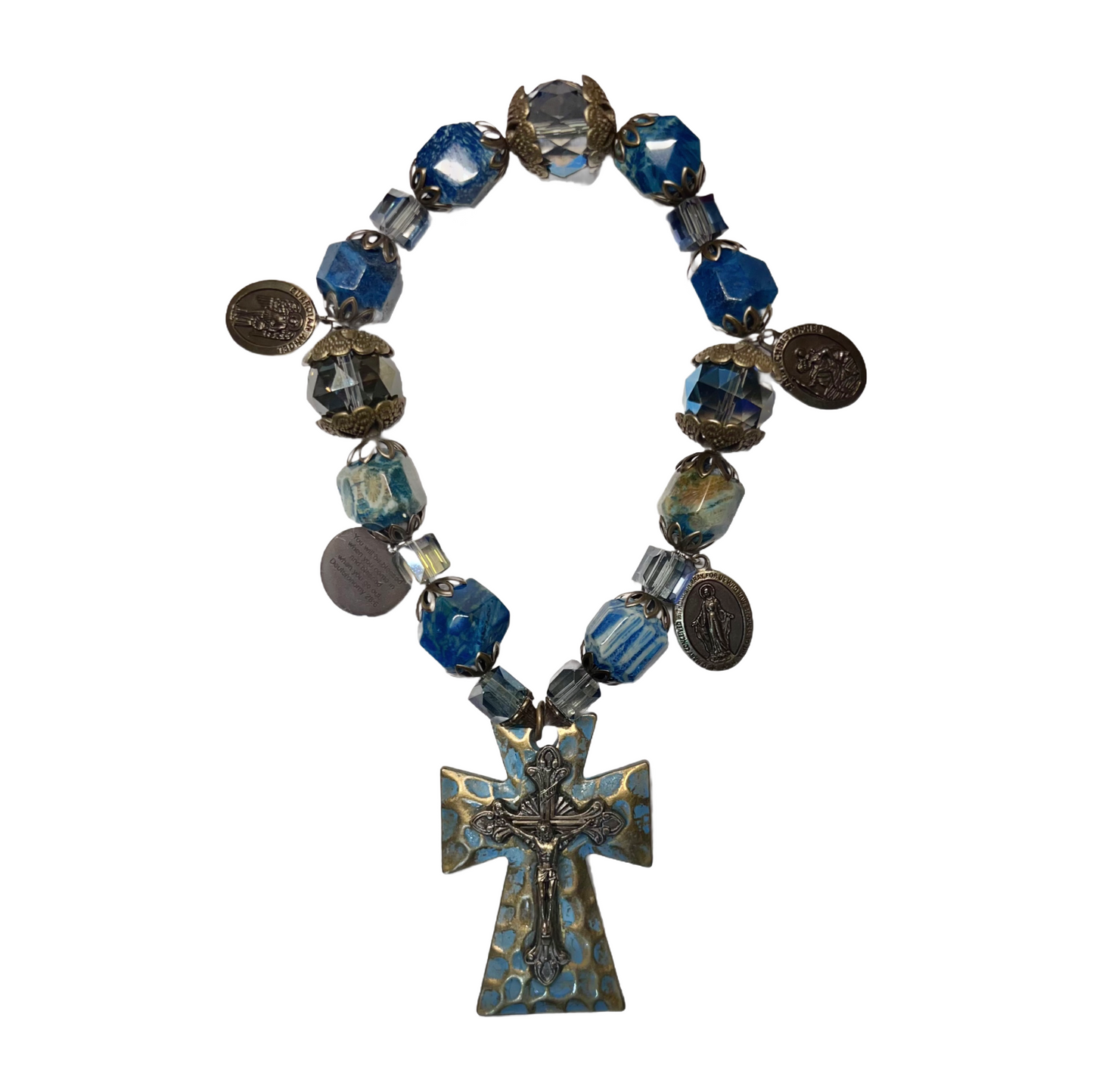 Blue Patina Cross Door Blessing, Blue Gemstones & Crystals