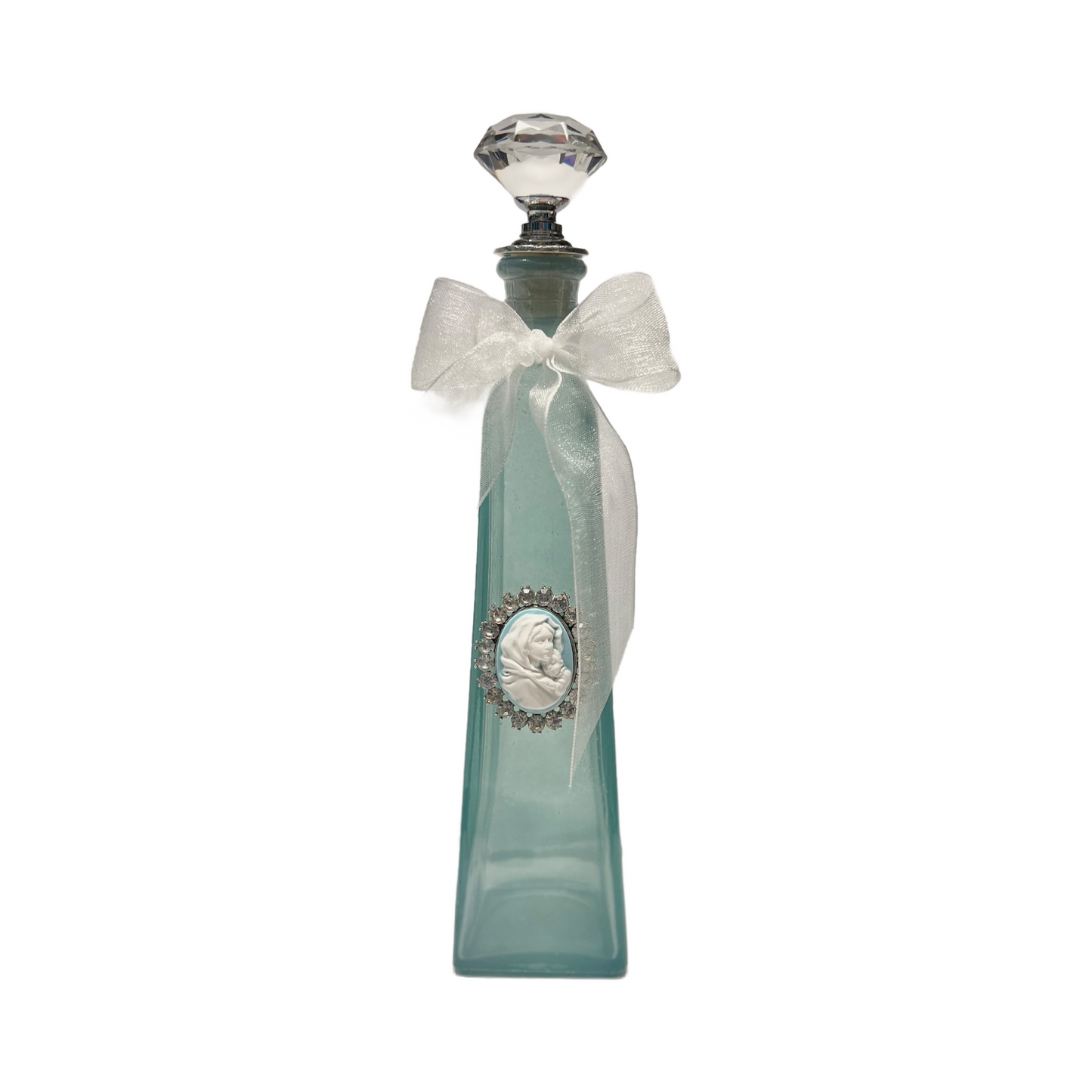 Madonna of the Streets Holy Water Bottle, Framed in Crystal, Light Blue