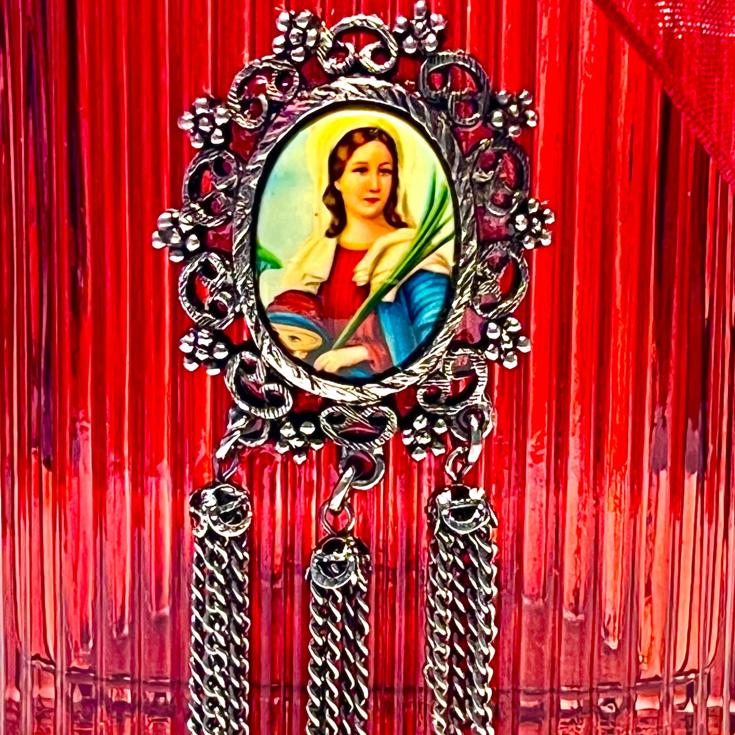 St. Lucy Holy Water Bottle, Red & Silver