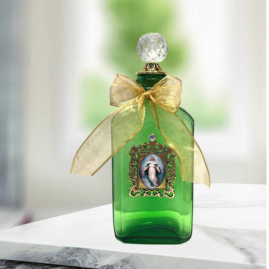 Assumption of Our Lady Holy Water Bottle, Green and Gold