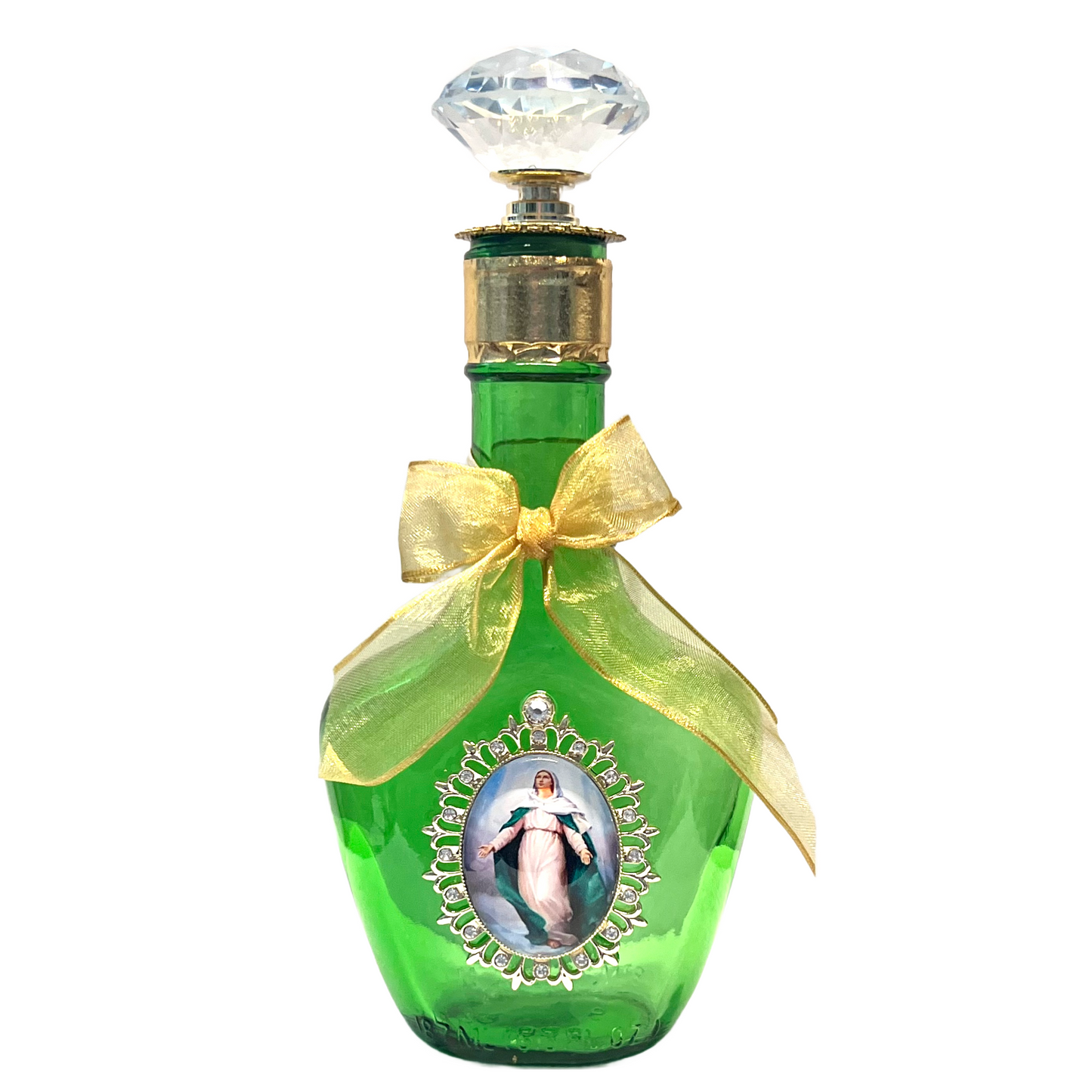 Assumption of Our Lady Holy Water Bottle, Green and Gold, Large