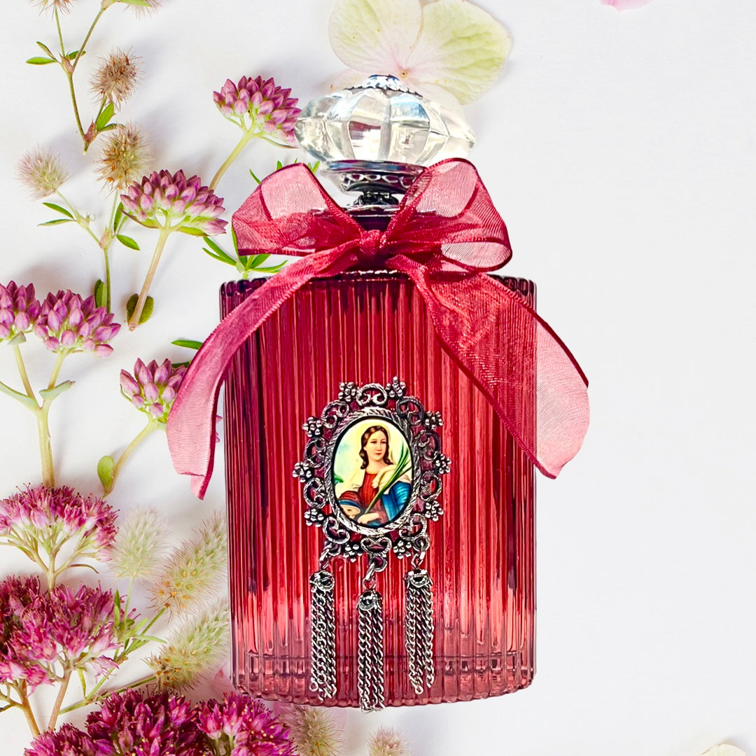 St. Lucy Holy Water Bottle, Red & Silver