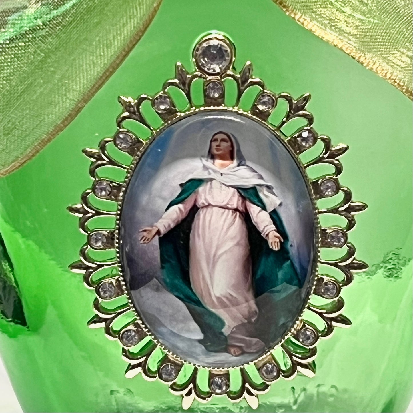 Assumption of Our Lady Holy Water Bottle, Green and Gold, Large