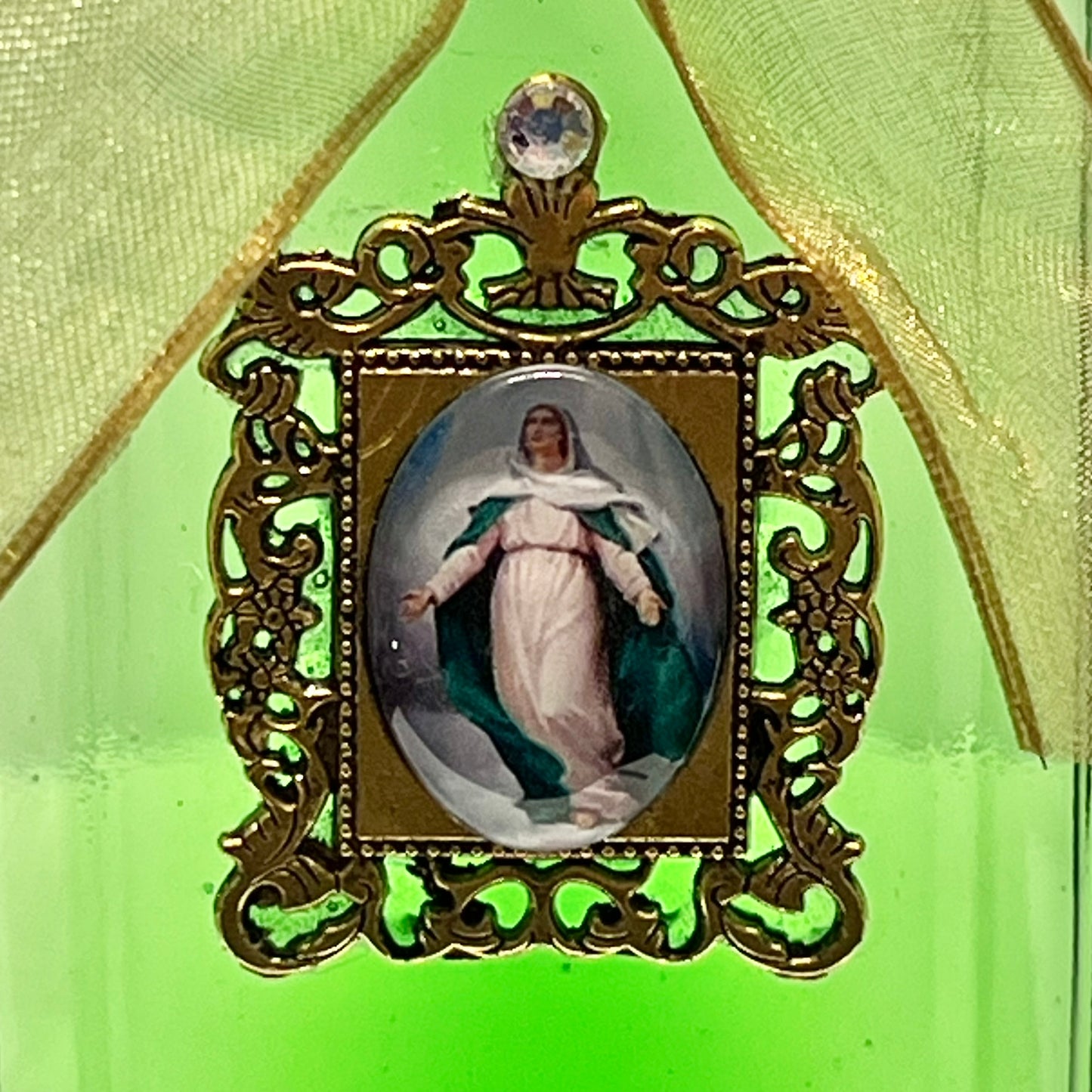 Assumption of Our Lady Holy Water Bottle, Green and Gold