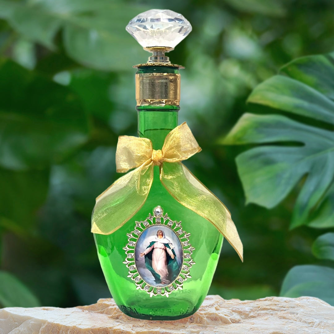 Assumption of Our Lady Holy Water Bottle, Green and Gold, Large