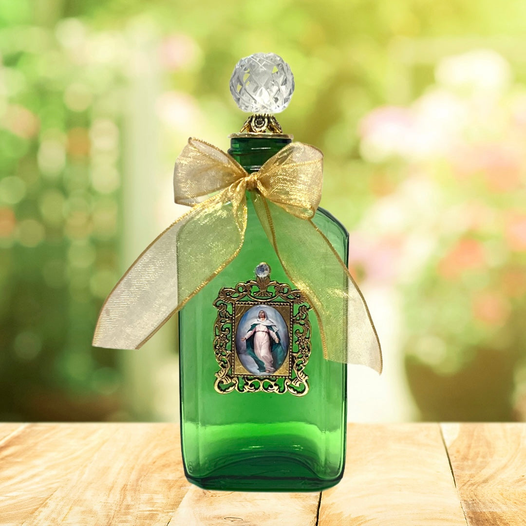 Assumption of Our Lady Holy Water Bottle, Green and Gold