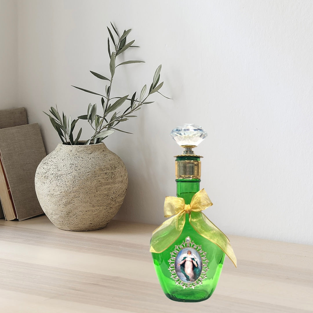 Assumption of Our Lady Holy Water Bottle, Green and Gold, Large