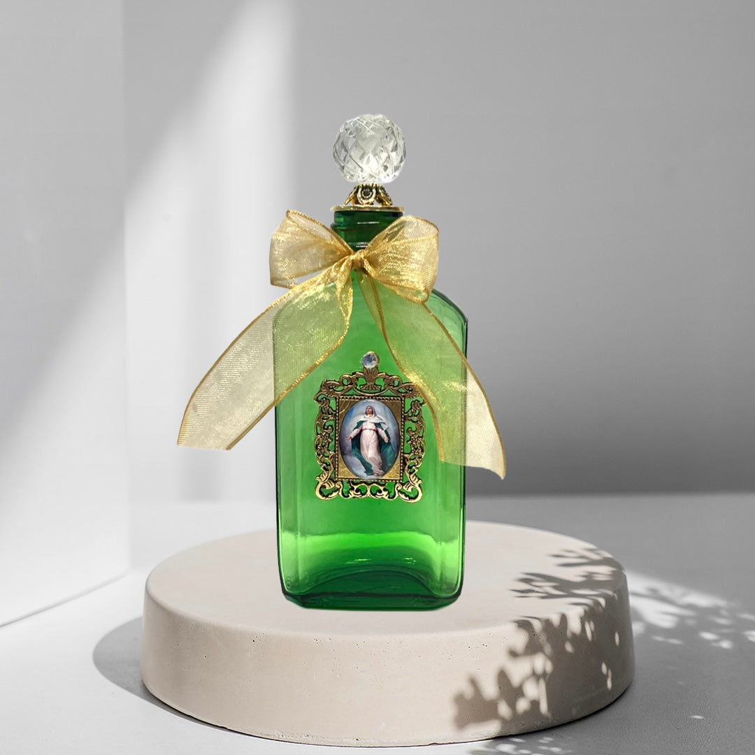 Assumption of Our Lady Holy Water Bottle, Green and Gold