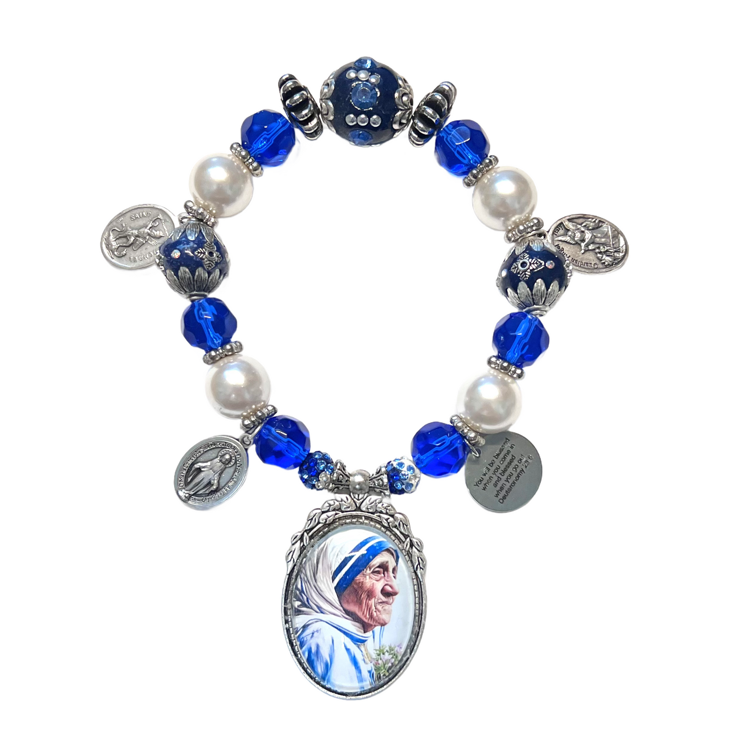 Saint Mother Teresa of Calcutta Door Blessing, Silver, Blue, & Clear Crystals