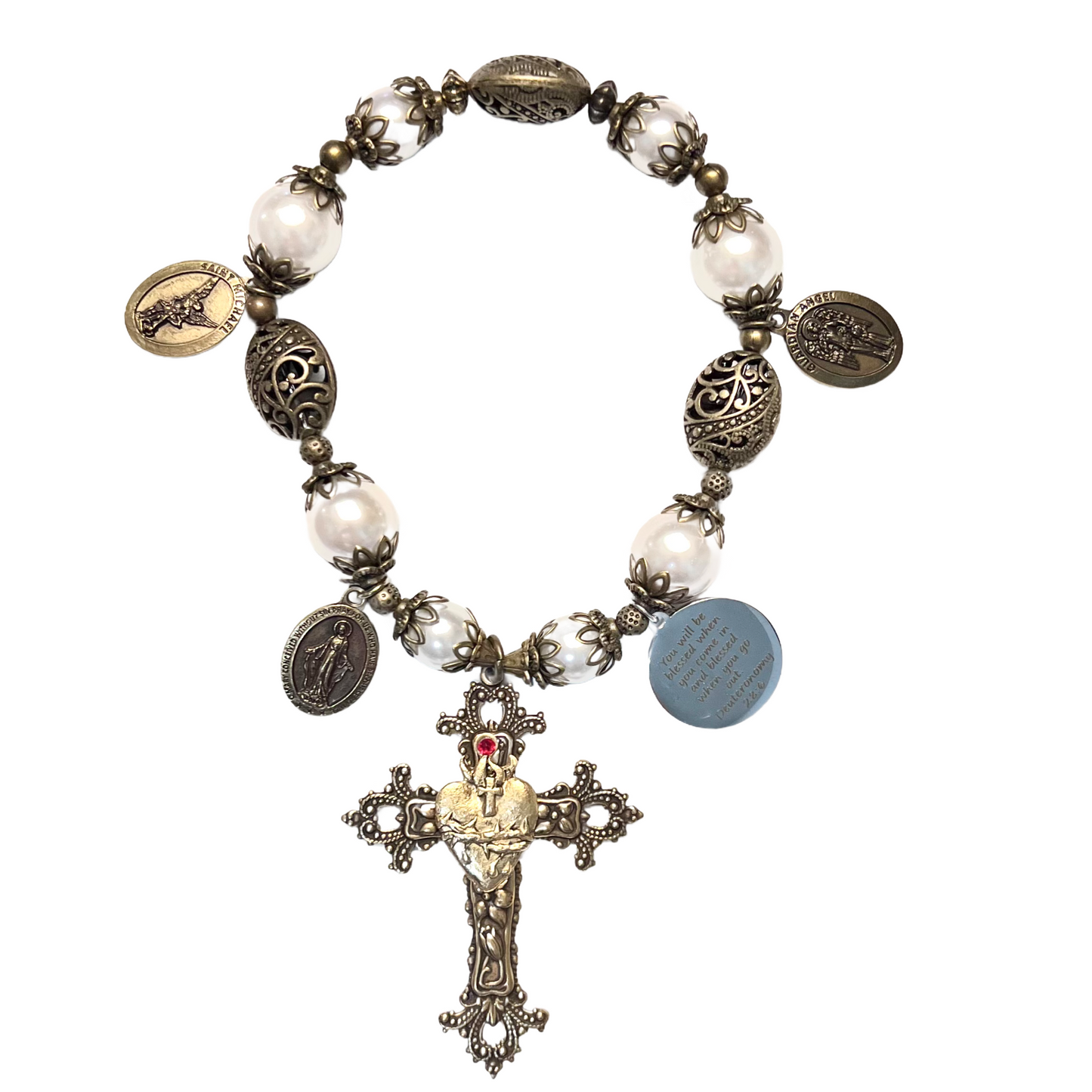 Cross with Sacred Heart Door Blessing, White Shell & Bronze