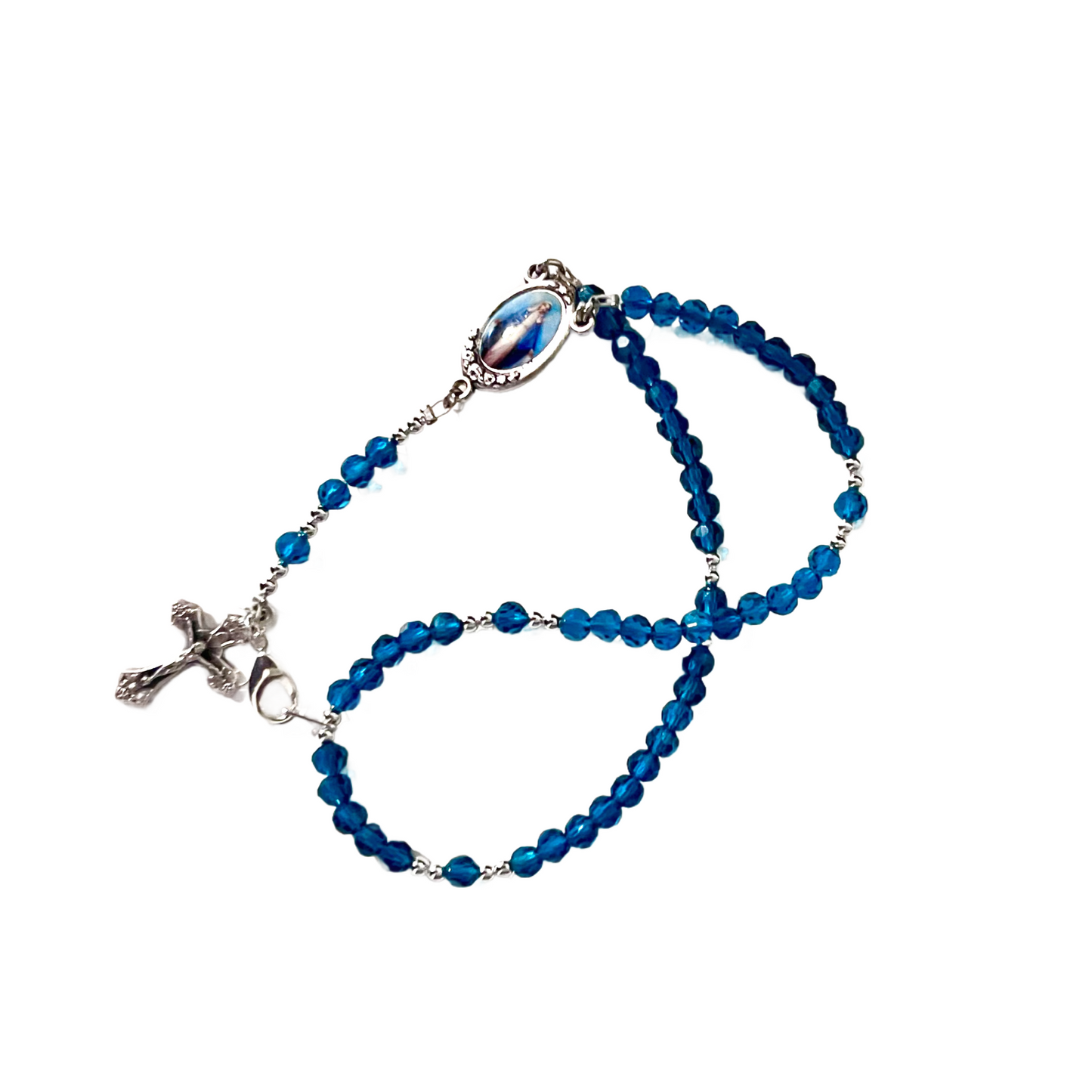 Our Lady of Grace Rosary Bracelet, Silver & Color, Teal Crystal