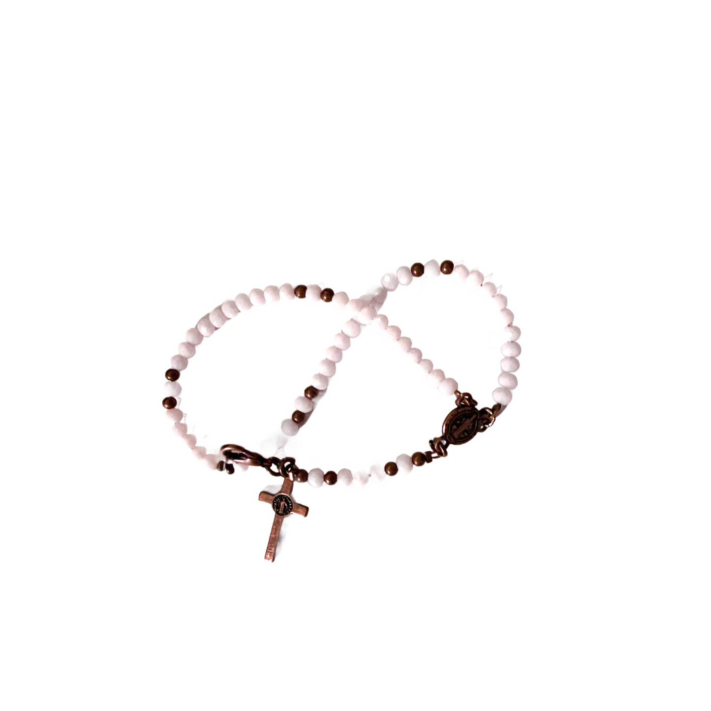 St. Benedict Rosary Bracelet, Copper, Light Pink Opaque Beads