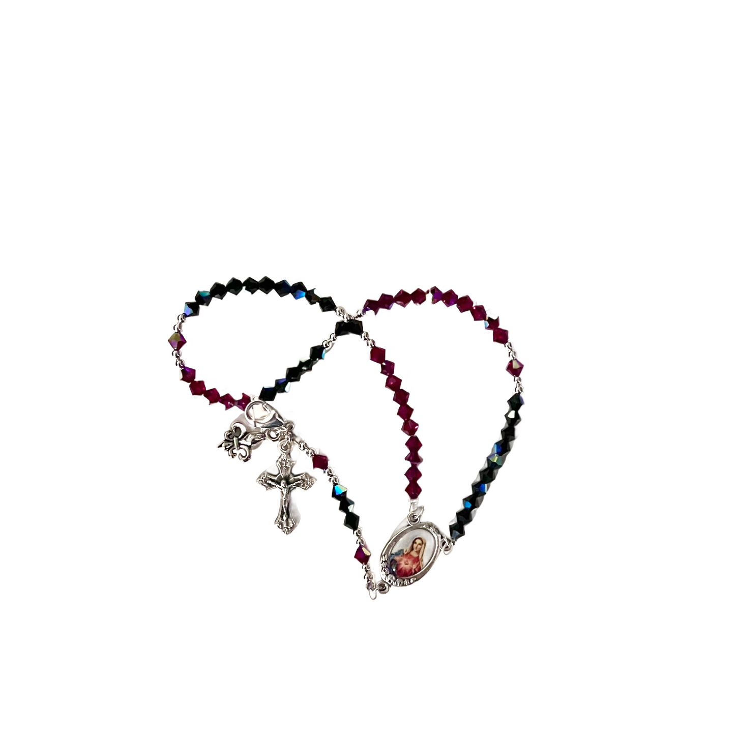 Immaculate Heart of Mary Rosary Bracelet, Silver, Red & Black Preciosa Czech Crystal