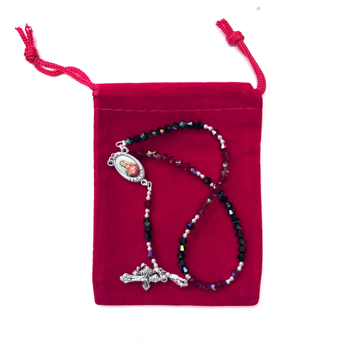 Immaculate Heart of Mary Rosary Bracelet, Silver, Red & Black Preciosa Czech Crystal