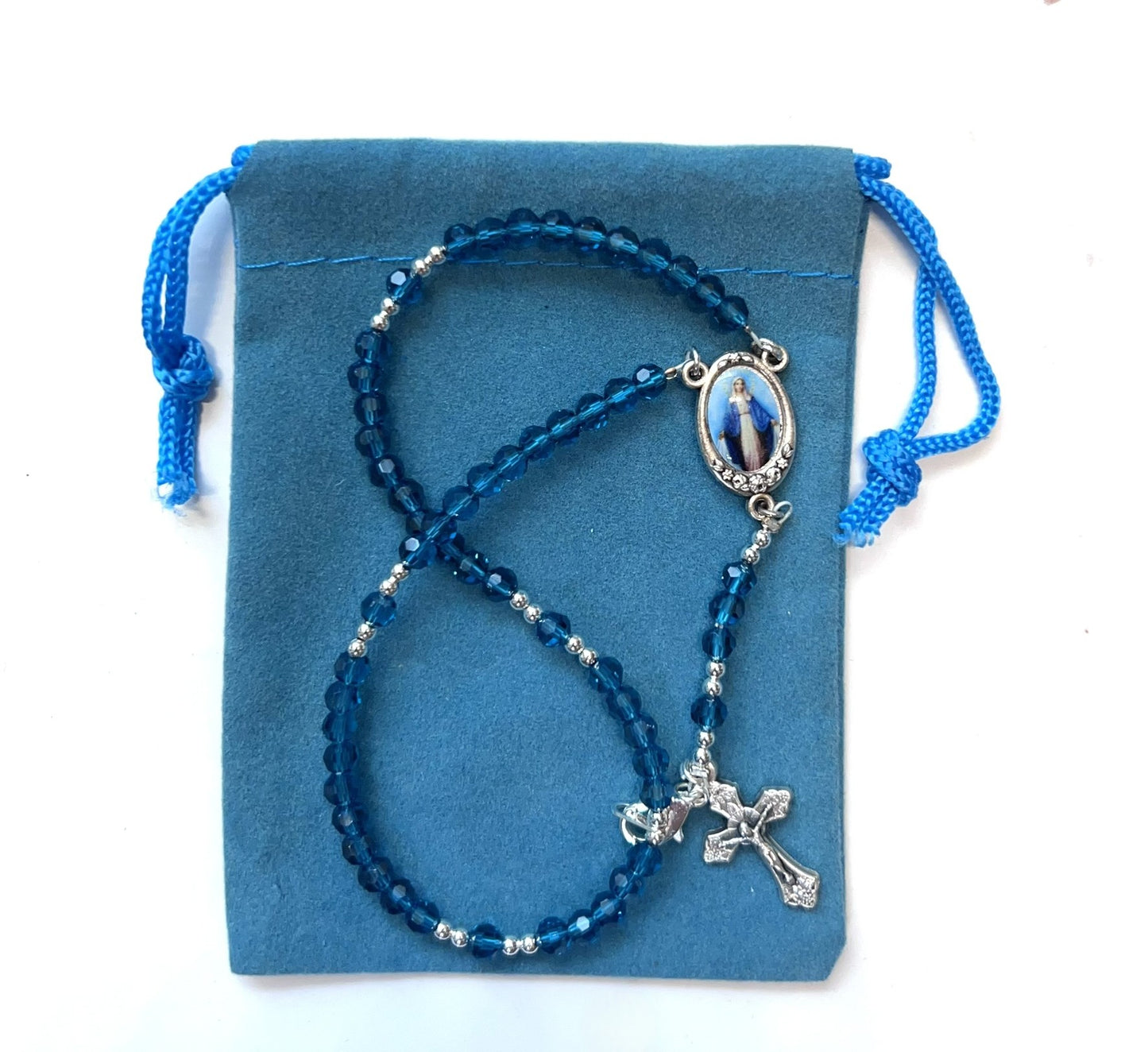 Our Lady of Grace Rosary Bracelet, Silver & Color, Teal Crystal