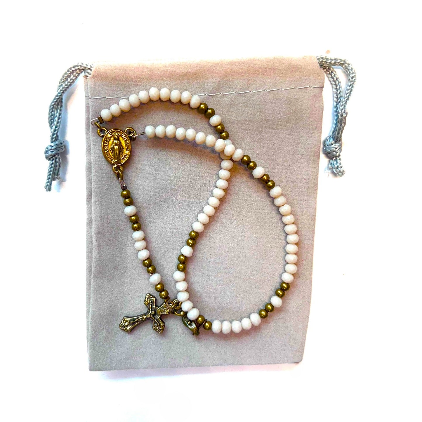 St. Benedict Rosary Bracelet, Copper, Beige Opaque Beads