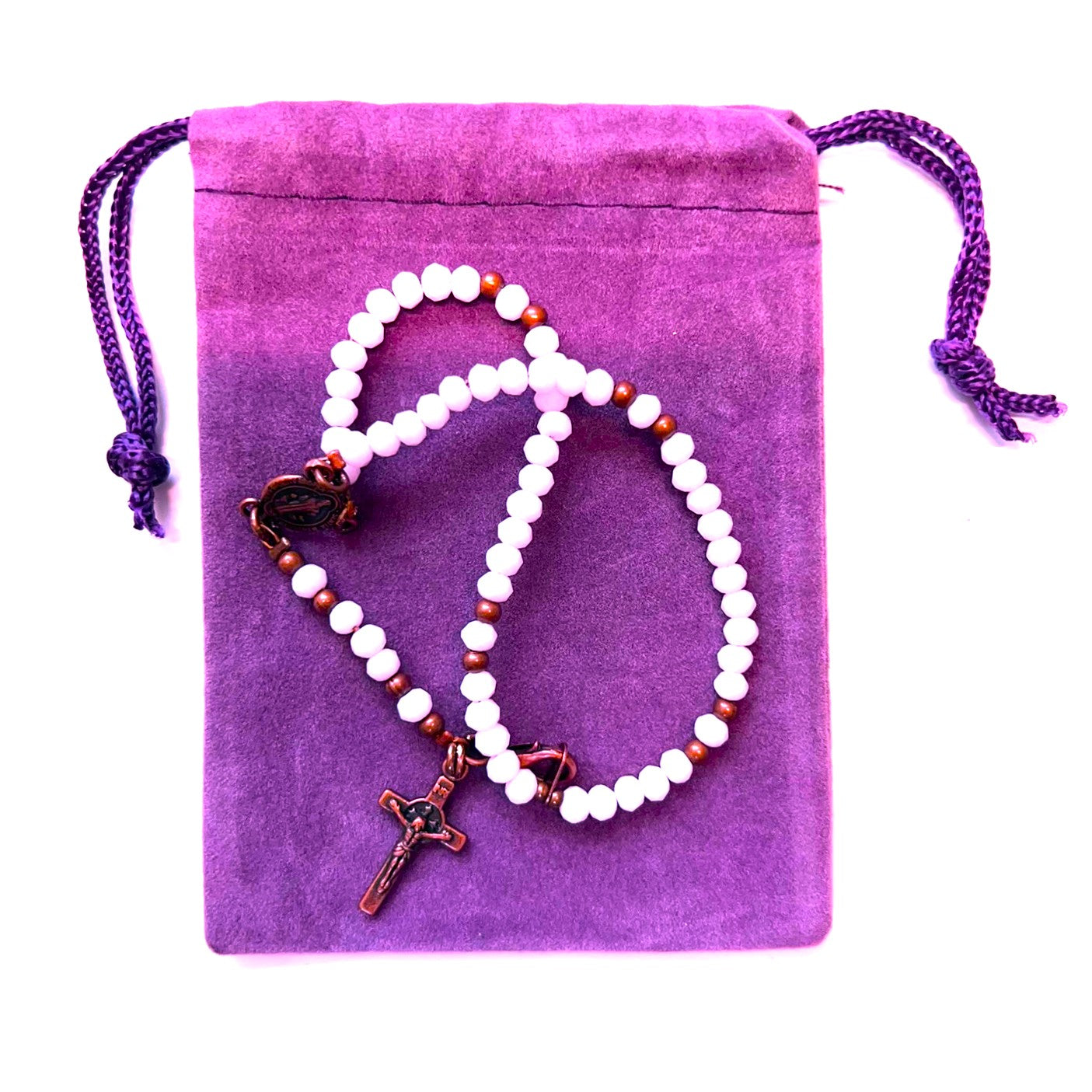 St. Benedict Rosary Bracelet, Copper, Light Pink Opaque Beads