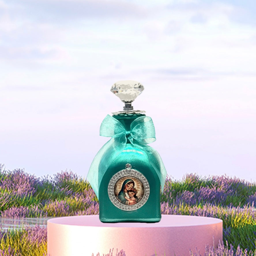 Our Lady of Guadalupe Cartoon, Holy Water Bottle, Aqua, Silver & Crystal Small