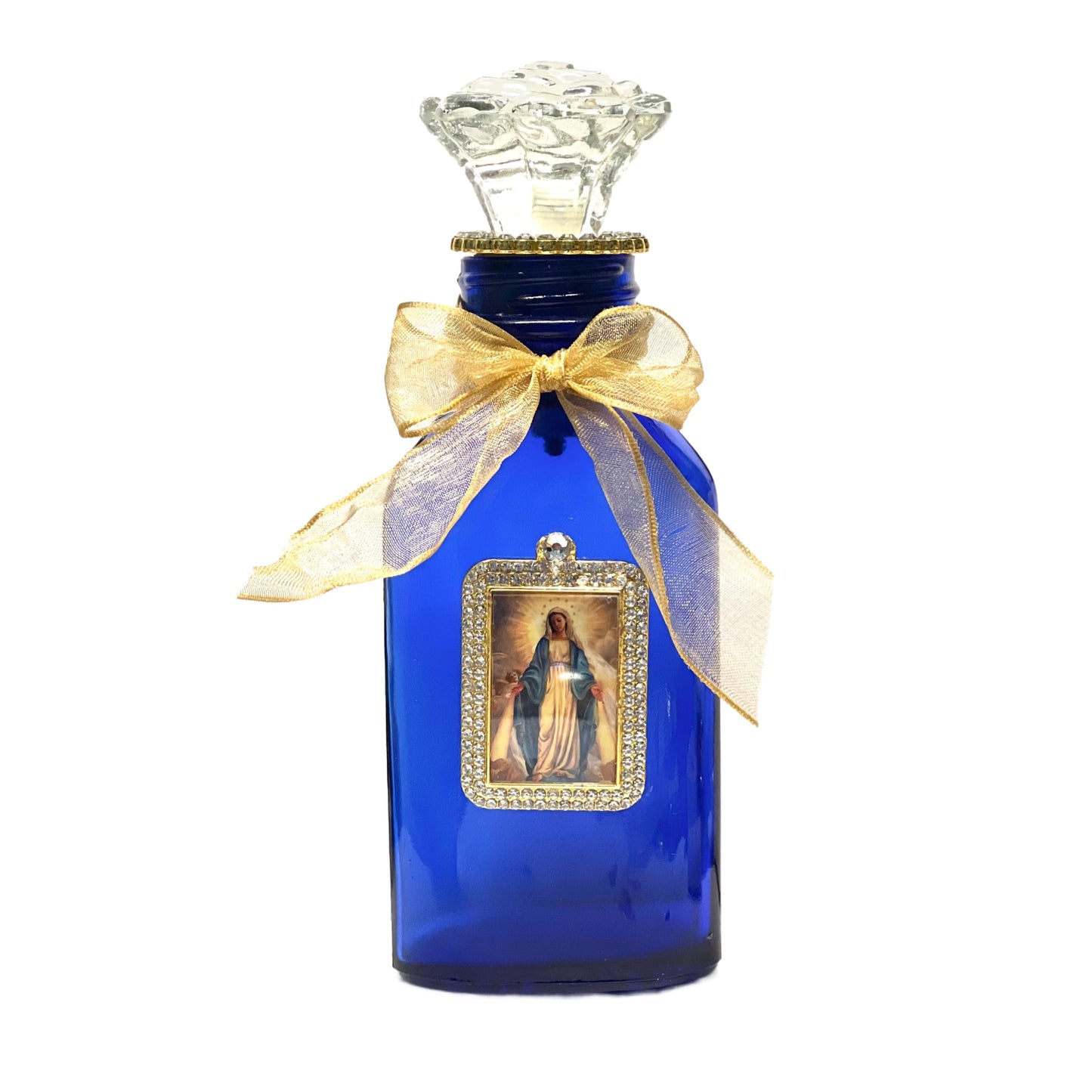 Our Lady Holy Water Bottle, Cobalt Blue, Gold & Crystal Framed