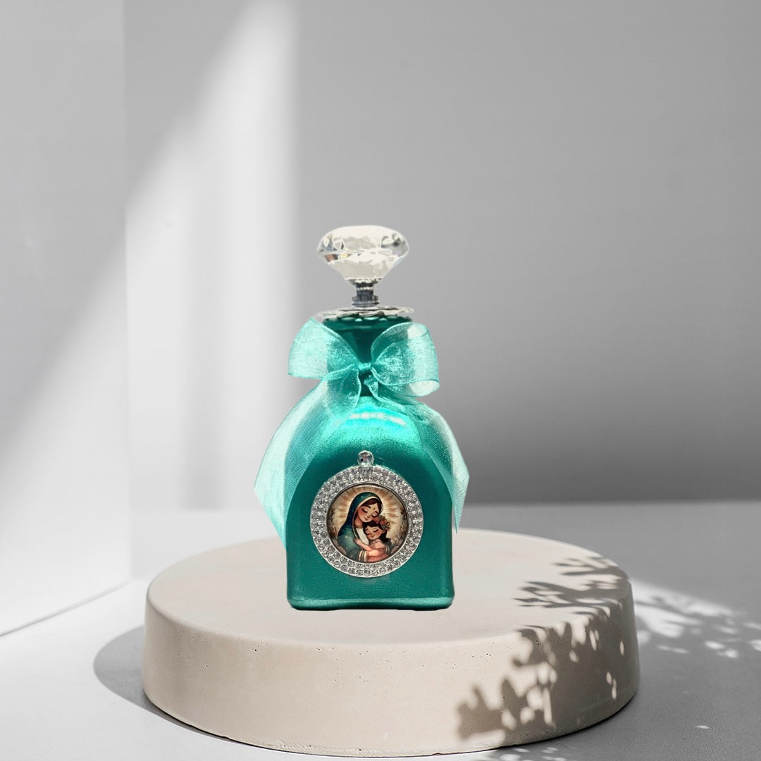 Our Lady of Guadalupe Cartoon, Holy Water Bottle, Aqua, Silver & Crystal Small