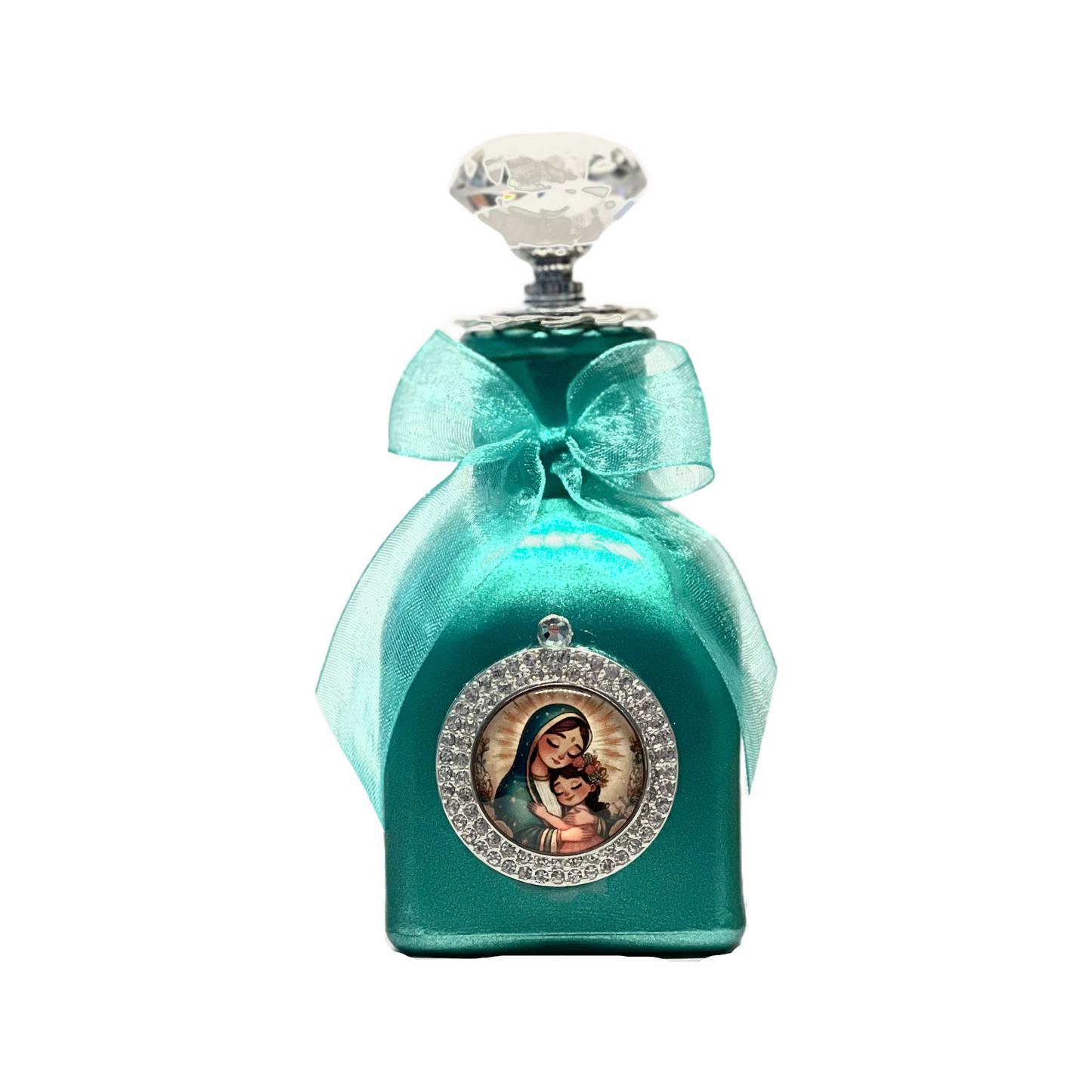 Our Lady of Guadalupe Cartoon, Holy Water Bottle, Aqua, Silver & Crystal Small
